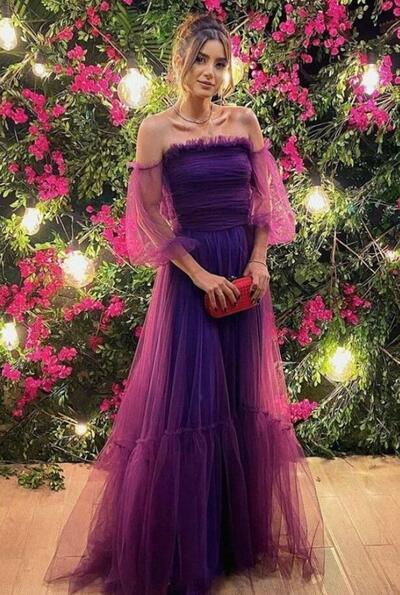 A Line Off Shoulder Purple Long Prom Dresses Party Gowns For Women