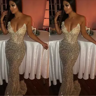 Sequins Shiny Light Champagne Prom Dresses Sexy Bling Sweetheart Mermaid Sleeveless Long Sweep Train Deep V Neck Evening Gown