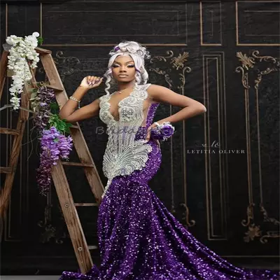 Black Girls Purple Prom Dress Rhinestone Crsytal Mermaid Evening Gowns Luxury Beaded Birthday Occasion Party Gowns