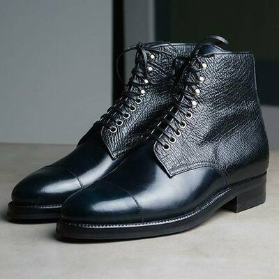 Men Genuine Black Calf Leather Ankle High Lace up Dress Boot