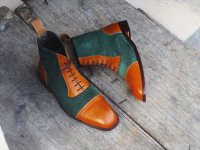 Tan Green Color Genuine Leather Cap Toe High Ankle Party Wear Men Lace Up Boots