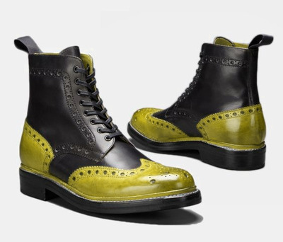 Wing Tip High Ankle Yellow Black Genuine Leather Lace Up Stylish Men Dress Boots