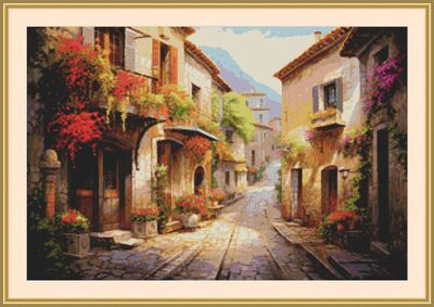 Quaint Village Street Cross Stitch Pattern