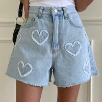 High Waist Fringed Heart Ripped Denim Shorts - Thumbnail 1