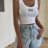 High Waist Fringed Heart Ripped Denim Shorts - Thumbnail 4