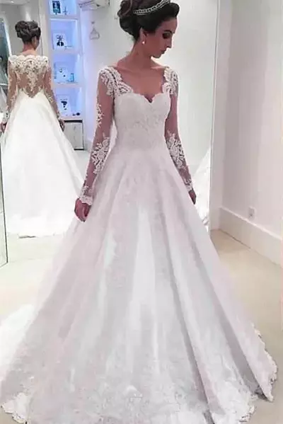 Satin A-line Wedding Dresses Appliqued Lace With Long Sleeves Illusion Back Bridal Gowns Modest Vestido De Novia