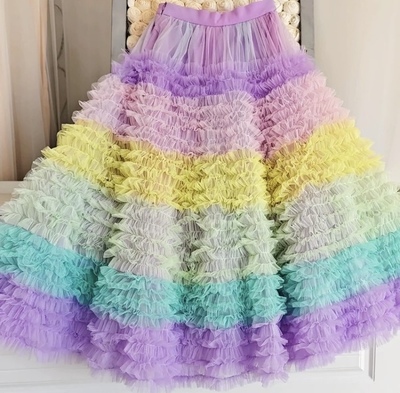 Women Girl Rainbow Layered Tulle Skirt Rainbow Tutu Tulle Maxi Skirt Custom Plus Size Holiday Outfit