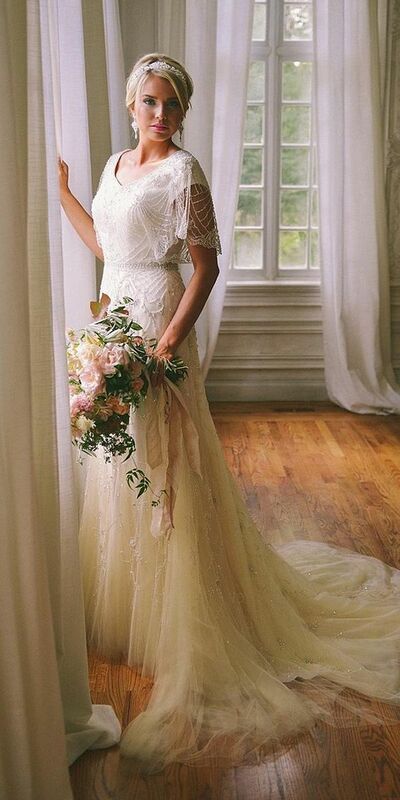 Simple Champagne Beading Crystals Tulle Wedding Dress Bridal Gown