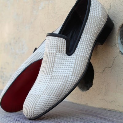 plaid fabric slippers moccasin loafers men prom wedding casual shoes - Thumbnail 5