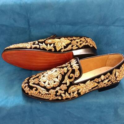 Handmade black velvet with golden embroidered & golden pearl stones slip on adorable wedding dress shoes - Thumbnail 5