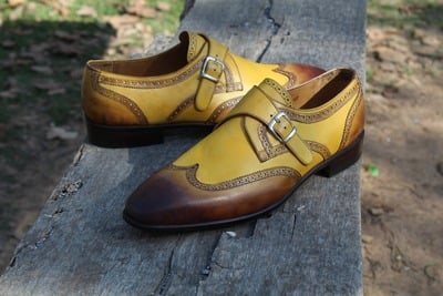 Crafted Leather Tan Brown Single Monk Strap Wingtip Dress Shoes