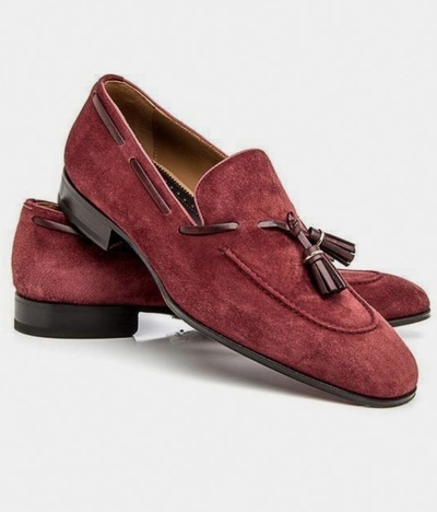 Handmade Burgundy Stylish Suede Tassels Loafers Formal Men Dressing Wear
