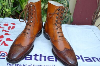 Crafted Leather Brown Leather Dress Shoes Men Wingtip Ankle High Boot