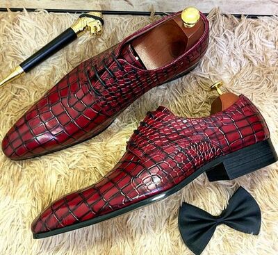 Men New Edition Red Berry Crocodile Alligator Leather Formal Laceup Handmade Shoes