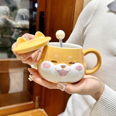 Kawaii Corgi Dog Ceramic Milk Mug With Lid And Spoon