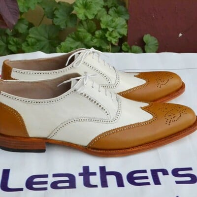 Crafted leather handmade brown white leather wingtip oxford dress shoes - Thumbnail 4