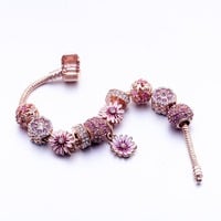 Pink Daisy Flower Dangle Charm Rose Gold Plated Charm Bracelets - Thumbnail 4