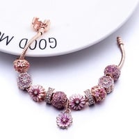 Pink Daisy Flower Dangle Charm Rose Gold Plated Charm Bracelets - Thumbnail 2