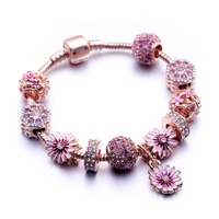 Pink Daisy Flower Dangle Charm Rose Gold Plated Charm Bracelets - Thumbnail 3