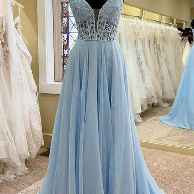 A line lace blue formal dresses long prom dress bodice beaded - Thumbnail 1