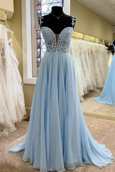 A Line Lace Blue Formal Dresses Long Prom Dress Bodice Beaded