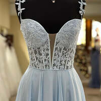 A Line Lace Blue Formal Dresses Long Prom Dress Bodice Beaded - Thumbnail 1