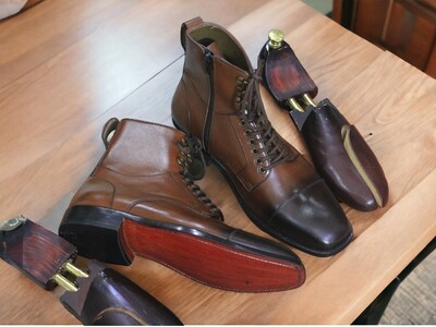 Men Side Zipper Ankle Boots Two Tone Burnish Toe Cap toe Dress Boots