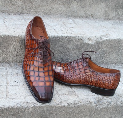 Crafted Leather Brown Black Crocodile Oxford Lace up Alligator Dress Shoes