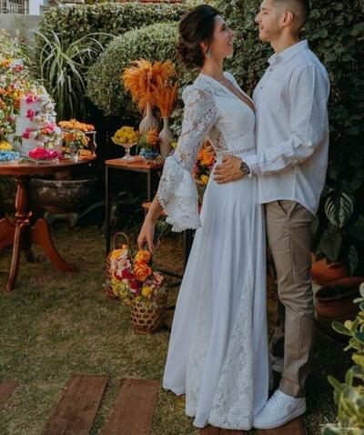 Simple Lace Beach Boho Wedding Dress Bridal Gown