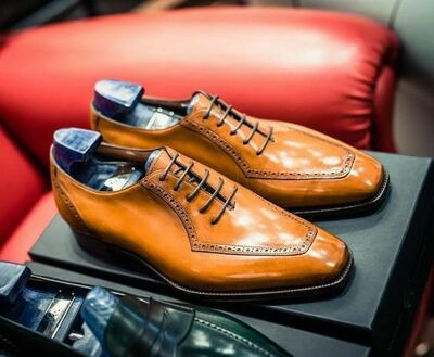 Men's Tan Brown Handmade Oxfords Style Split Lace Up Shoes