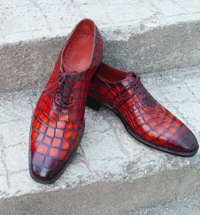 Crafted Leather Red Crocodile Oxford Alligator Dress Lace up Shoes