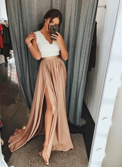 A-Line V-Neck ,Brown Elastic Satin Prom Dress, with Split Lace, Customize Made ,2018 new fashion ,Prom Dress,1763