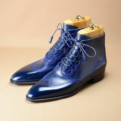 Handmade Mens Navy Blue Calf Leather Ankle High Gillie Boots