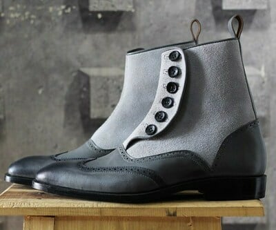 Men’s Gray Button Top Wing Tip Leather Suede Boot