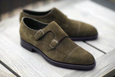 Bet Choice Olive Color Suede Double Monk Dress Shoes