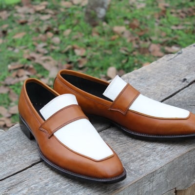 Crafted leather handmade brown white loafers moccasin formal dress shoes - Thumbnail 4