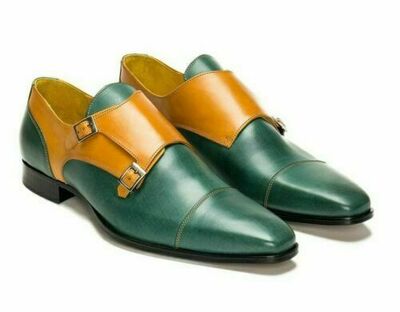 Men's Handmade Two Tone Tan Green Leather Monk Double Buckle Strap Derby Cap Toe Vintage Leather Shoes