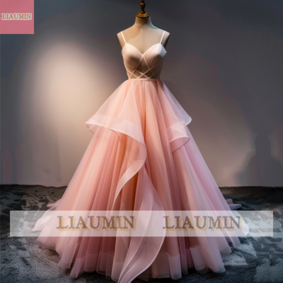 Pink V Neck Full Length Tull Prom Dress Evening Dress Hand Made W14-19.6