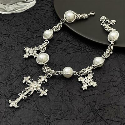 Rococo Style Zircon Cross Pearl Clavicle Chain Necklace