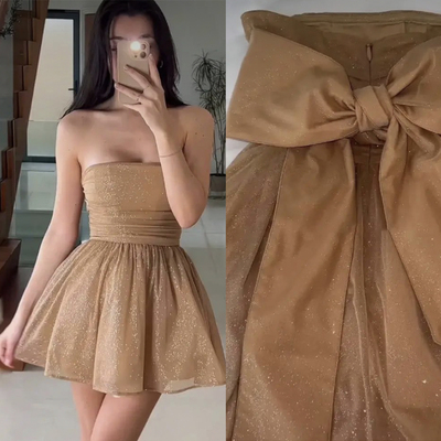 Gold Strapless Homecoming Dresses with Big Bowknot
