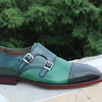 Crafted Leather Classic Handmade Double Monk Strap Dress Shoes in Green Color - Thumbnail 1
