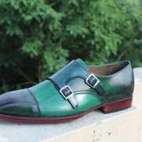 Crafted Leather Classic Handmade Double Monk Strap Dress Shoes in Green Color - Thumbnail 2