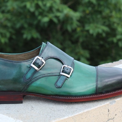 Crafted leather classic handmade double monk strap dress shoes in green color - Thumbnail 3