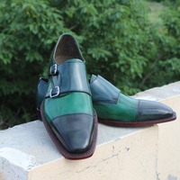 Crafted Leather Classic Handmade Double Monk Strap Dress Shoes in Green Color - Thumbnail 4