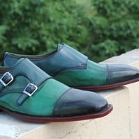 Crafted Leather Classic Handmade Double Monk Strap Dress Shoes in Green Color - Thumbnail 5