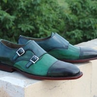 Crafted Leather Classic Handmade Double Monk Strap Dress Shoes in Green Color - Thumbnail 6