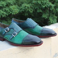 Crafted Leather Classic Handmade Double Monk Strap Dress Shoes in Green Color - Thumbnail 7