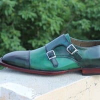 Crafted Leather Classic Handmade Double Monk Strap Dress Shoes in Green Color - Thumbnail 8