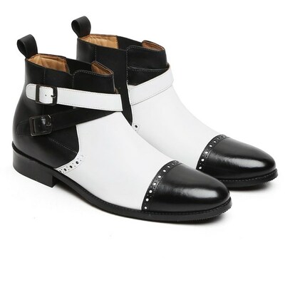 Two Tone Double Buckle Rounded Strap Derby Cap Toe High Ankle Leather Boots