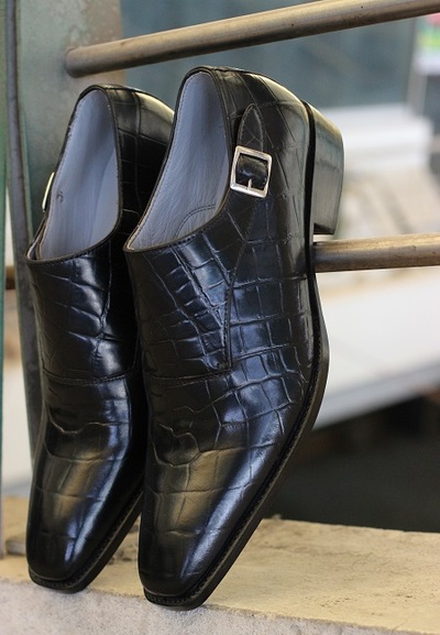 New Men's Handmade Black Crocodile Textured Leather Single Monk Style Dress & Casual Wear Shoes